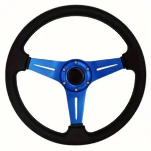 350mm 3-Spoke Steering Wheel, 6-Bolt, Slotted Blue or Silver Spokes
